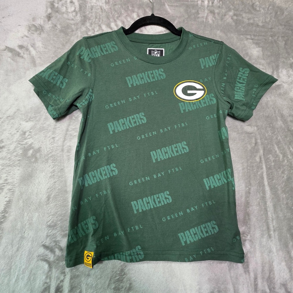 NFL Team Apparel Green Bay Packers Kids Green All Over Print T-Shirt Size 10-12